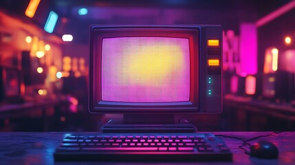 Obraz premium Classic CRT monitor with soft light reflections and pixel display creating a nostalgic but realistic look