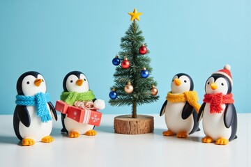 Fototapeta premium Festive penguins celebrating around christmas tree with gifts and decorations for holiday display