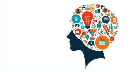 A silhouette of a head filled with colorful icons representing ideas, information, and creativity.