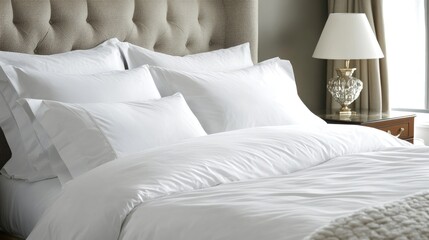 A tidy bed featuring crisp white sheets and soft fluffy pillows