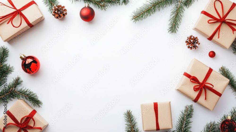 Poster Christmas composition featuring gifts fir tree branches and red decorations on a white background Concept of winter and New Year presented in a flat lay with ample copy space