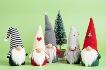 Festive gnome decorations with miniature christmas trees on green background - Powered by Adobe