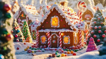Beautiful gingerbread house with candy decorations, surrounded by snow-covered trees and a path sprinkled with colorful candies
