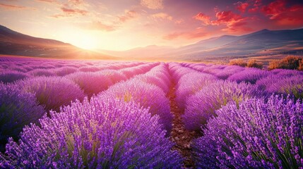 Obraz premium Landscape With Sunrise In A Beautiful Lavender Field Fantastic View Summer Scenic View Lavender Flowers Are Used To Make Cosmetics And Essential Oils