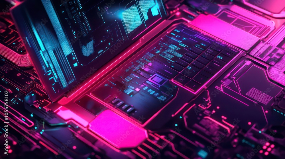 Poster A futuristic laptop embedded in a circuit board design with vibrant colors.