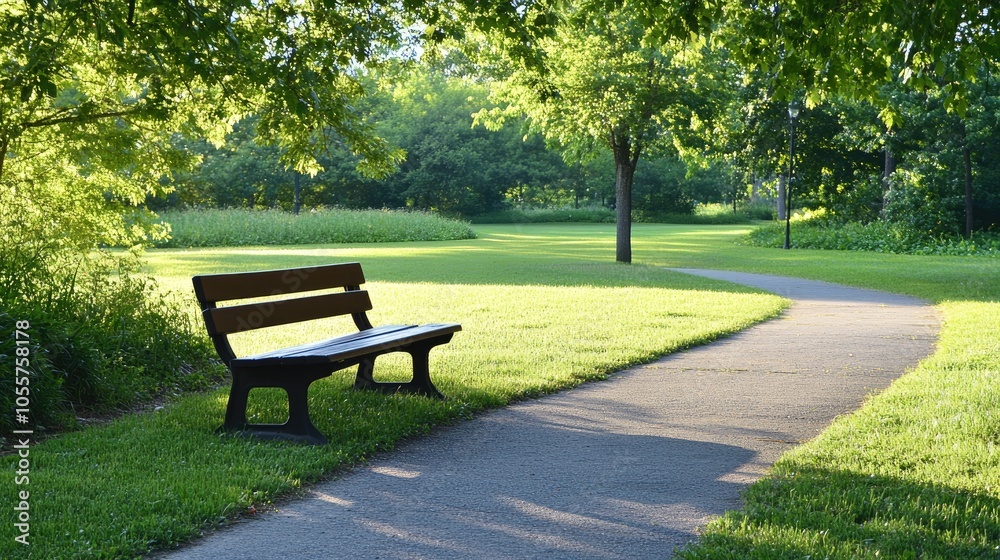 Poster a vacant wooden bench is positioned on the pathway in a park surrounded by lush green grass and a la