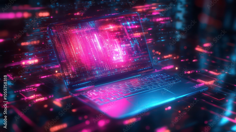 Poster a futuristic laptop surrounded by vibrant digital data streams and glowing elements.