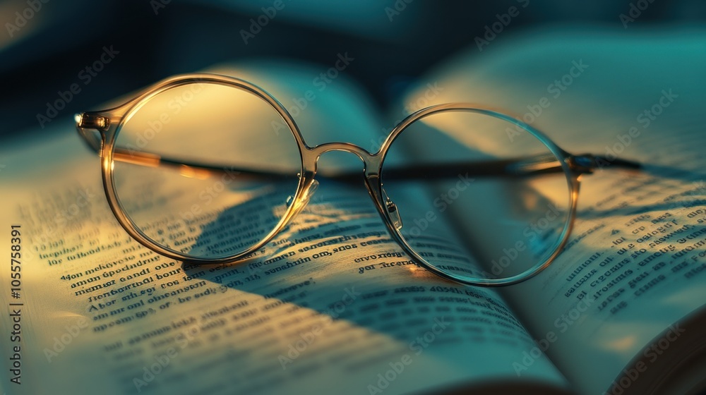 Poster Glasses Resting on an Open Book with Blurry Text