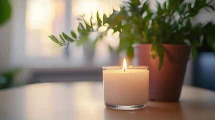 A white candle placed on a table beside a potted plant