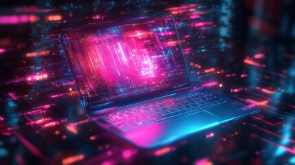 A futuristic laptop surrounded by vibrant digital data streams and glowing elements.