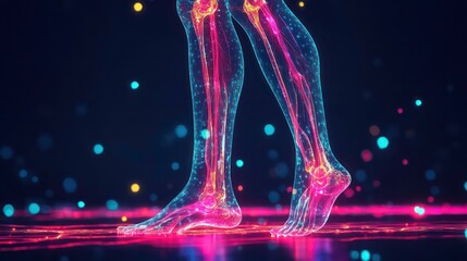 A digital representation of human legs with glowing joints and vibrant particles.