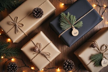Rustic christmas gift wrapping with pinecones and string lights on wooden table for holiday season