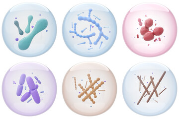 probiotic strains in bubbles on isolated white background. 3D rendering