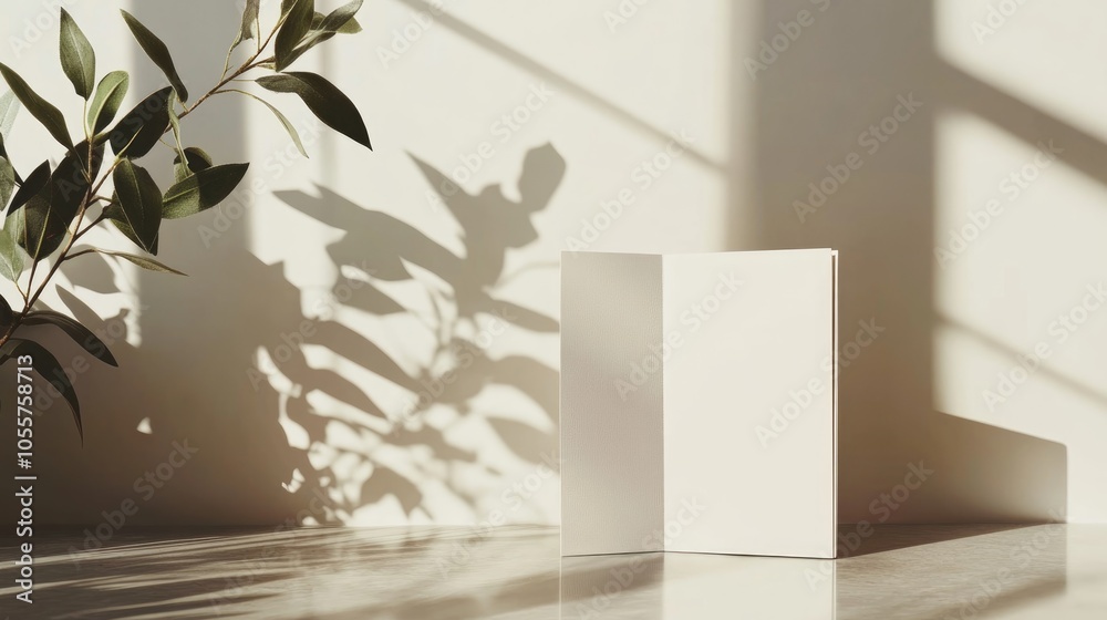 Poster A sleek and minimalistic brochure mockup is displayed upright on a polished surface featuring gentle shadows created by soft natural light