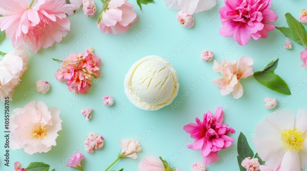 Poster minimalist arrangement featuring artistic ice cream surrounded by vibrant flowers on soft pastel pap