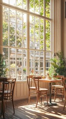 Bright and Inviting Cafe Interior with Large Windows