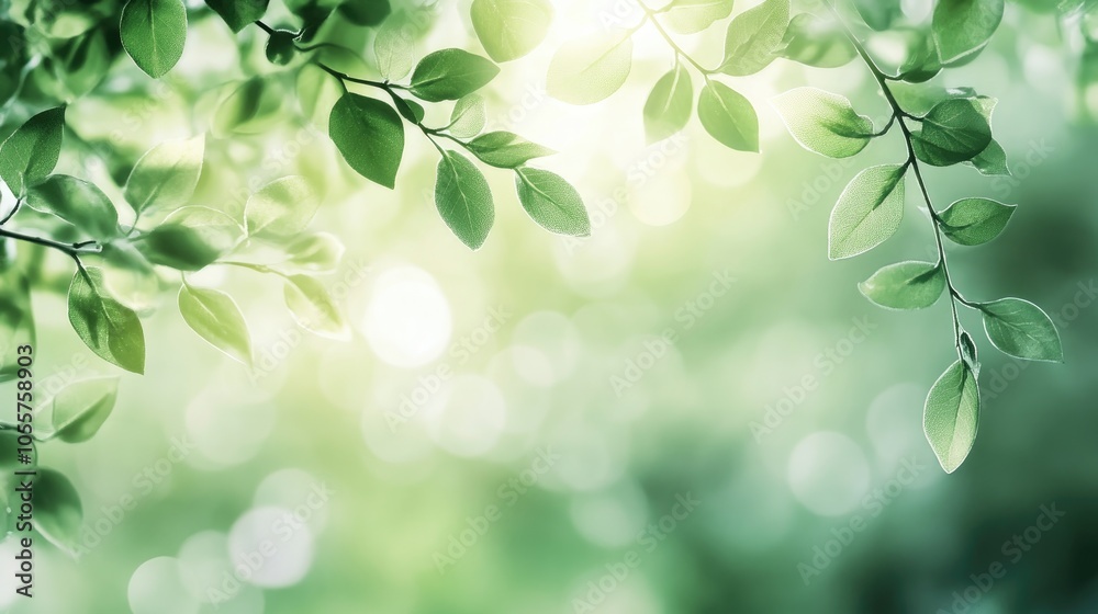 Poster Abstract blurred mint green bokeh with foliage creating a serene nature background Captures cool summer vibes and organic health with a focus on tranquility and freshness
