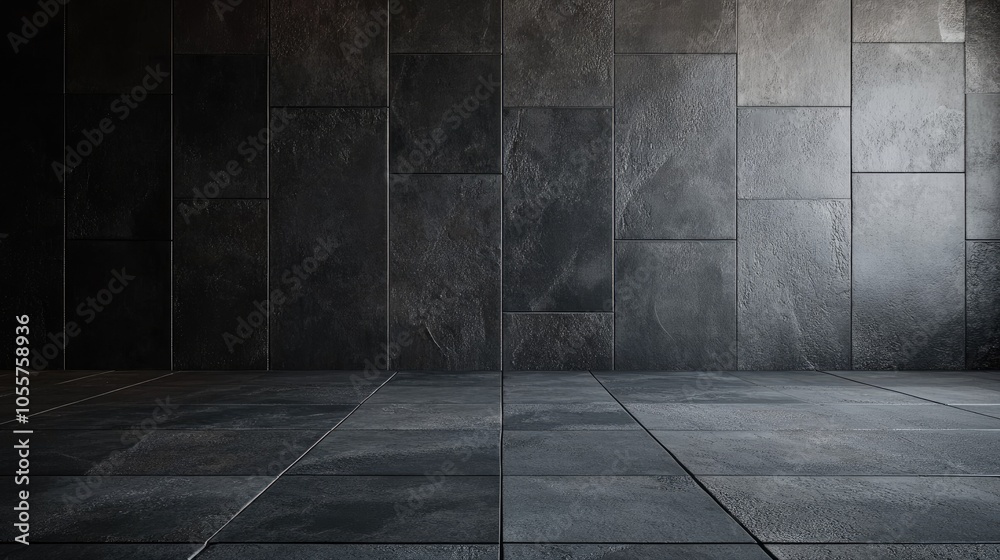 Aufkleber Dark gray anthracite concrete tiles on a stone wall and floor in an empty 3D studio creating an interior texture ideal for product display with a square wall background