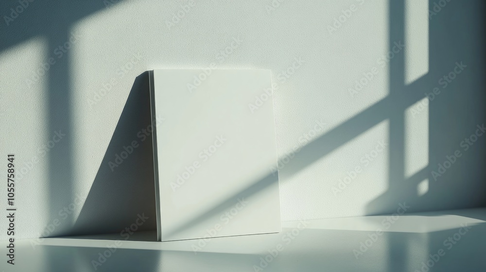 Poster A sleek and minimalistic brochure mockup is displayed upright on a polished surface featuring gentle shadows created by soft natural light