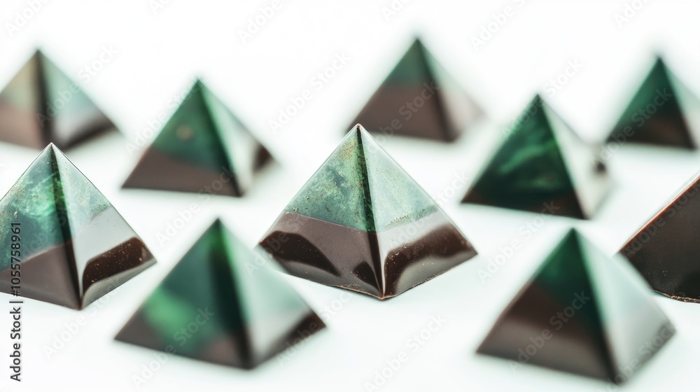 Poster luxury pyramid shaped chocolate candies featuring a geometric triangular design in green handmade co