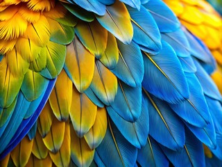 Fototapeta premium Close-up Aerial Photography of Macaw Feathers in Vivid Blue and Bright Yellow Contrast