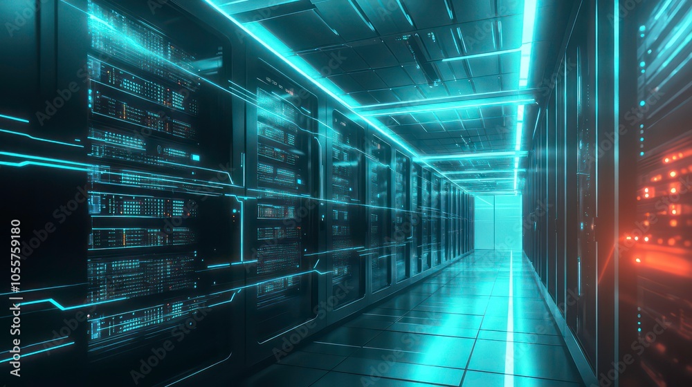 Poster a futuristic data center corridor with glowing servers and sleek design.