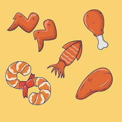 Seafoods Meats Vector Illustration, Grilled Foods Illustration, Foods Icon, Meats Vector