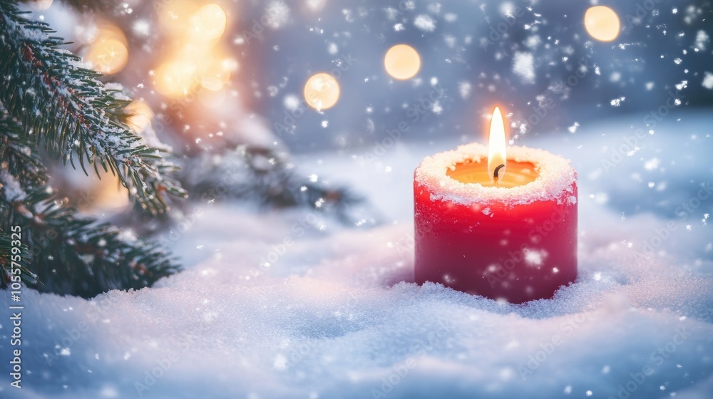 Poster festive candle surrounded by snow and a tree featuring ample copy space
