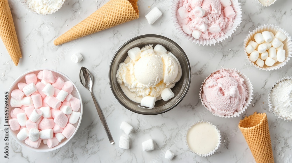 Aufkleber top view of ice cream ingredients on a marble surface featuring a bowl of ice cream cones a spoon ma