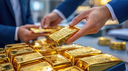 Hands Holding Gold Bars in Financial Setting