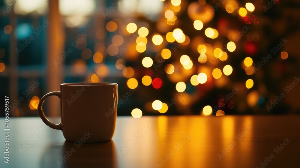 Poster Cozy Christmas setting featuring a mug on a table with a blurred background enhanced by warm ambient lighting from a festive tree
