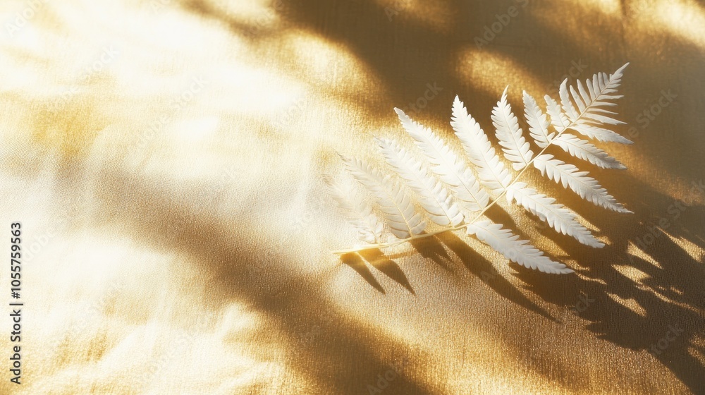 Aufkleber White fern leaf casting shadow design element on a golden backdrop illuminated by sunlight featuring ample copy space