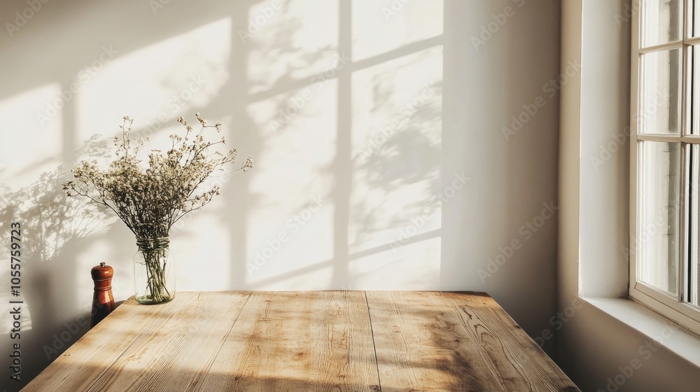 Poster Empty wooden table serves as a versatile surface for multiple uses featuring a neutral color scheme complemented by a white wall and abundant natural light from a nearby window