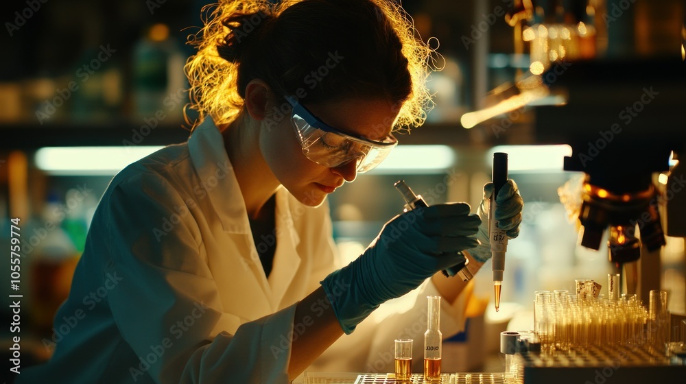 Aufkleber A Scientist in a Lab Coat and Gloves Using a Pipette to Transfer Liquid into a Test Tube