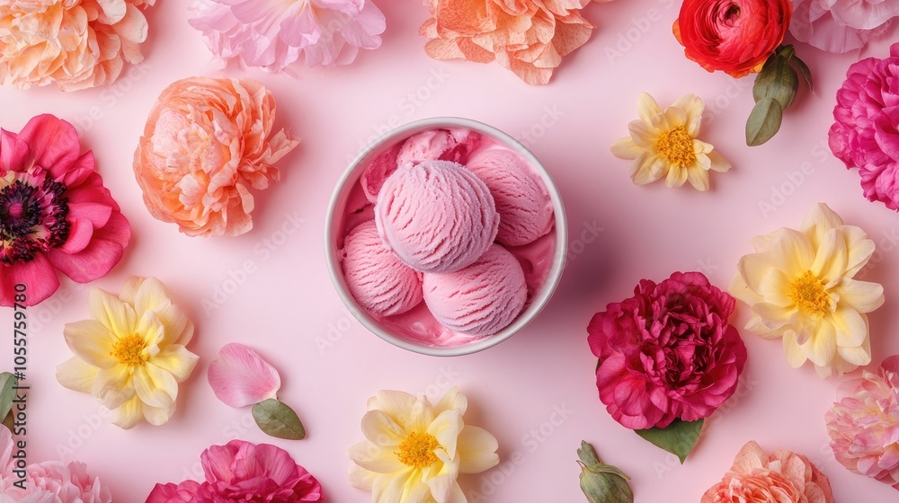 Poster minimalist arrangement featuring artistic ice cream surrounded by vibrant flowers on soft pastel pap