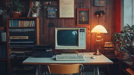 Naklejka premium Retro desktop computer setup on a clean table capturing the look of old technology with modern lighting
