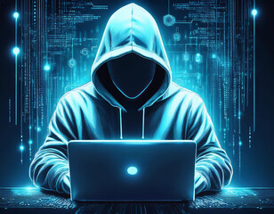 Hacker mit Hoodie  und Kapuze vor einem Laptop