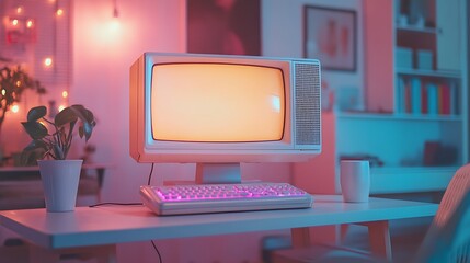 Retro desktop computer setup on a clean table capturing the look of old technology with modern lighting