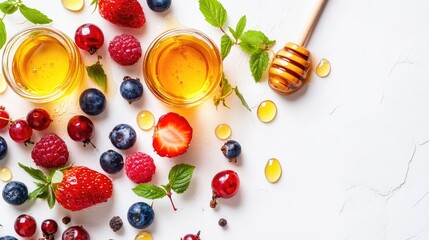 Organic honey and fresh berries arranged on a white background showcasing natural sweeteners and antioxidant benefits