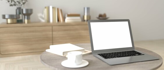 Modern workspace featuring a laptop, notepad, and a coffee cup on a round table, creating a productive and inviting atmosphere. 3d render