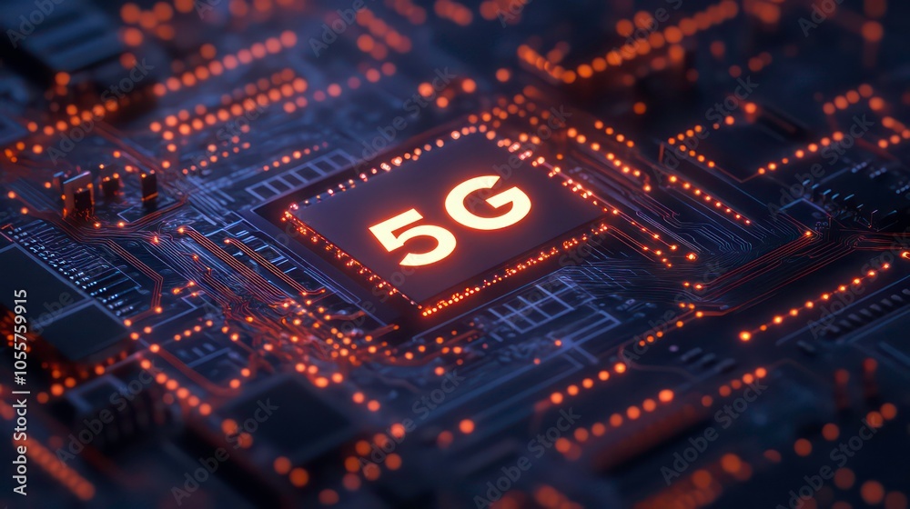 Poster a close-up of a circuit board featuring a prominent 5g chip illuminated by lights.