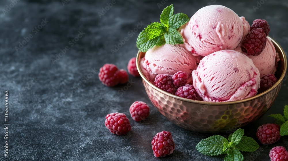 Aufkleber raspberry ice cream scoops in a copper bowl adorned with forest berries and mint a summer food theme