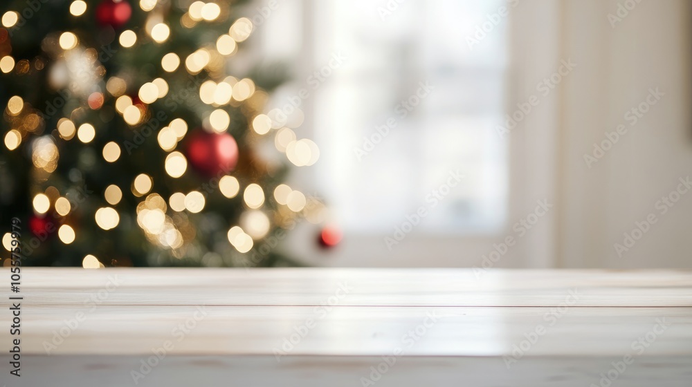 Poster Blank white table with a blurred Christmas tree in the background featuring ample copy space
