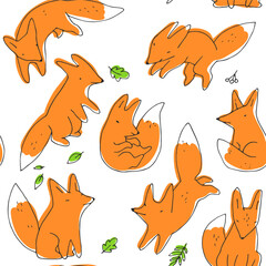 Vector seamless pattern with cute foxes isolated on white. Hand drawn texture with cartoon animal characters in sketch style.
