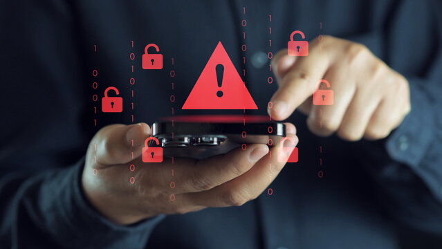 Cyberattack cybercrime hacker smartphone. Internet web hack technology. Digital mobile phone in Scammer hand. Data protection.