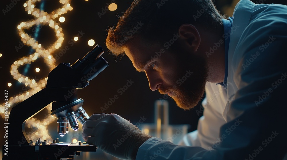 Poster Scientist Examining Sample Through a Microscope