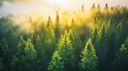 Aerial view of a forest at sunrise with sun rays breaking through the trees