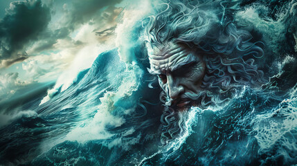 Poseidon, the Greek god of the seas, surrounded by ocean waves