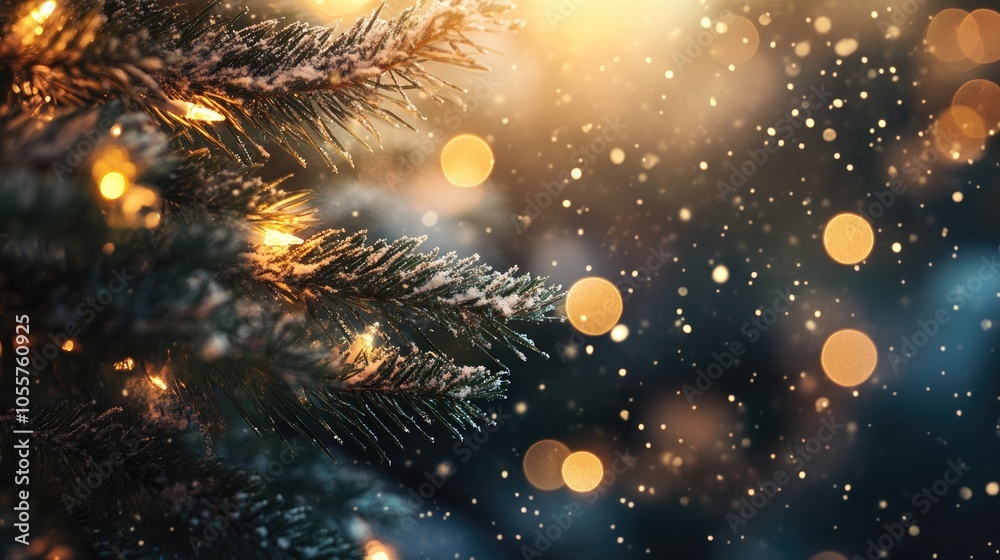 Poster illuminated christmas tree with a softly blurred snowy background