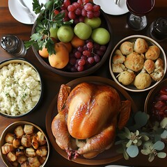 On Thanksgiving Day, there is a turkey and other food placed on the table